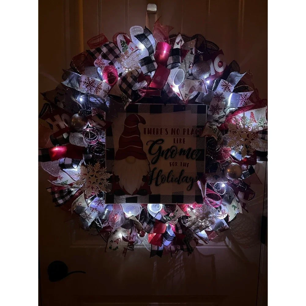 Handmade Christmas Gnome for the Holidays Ribbon Door Wreath 26 ins LED XLW7
